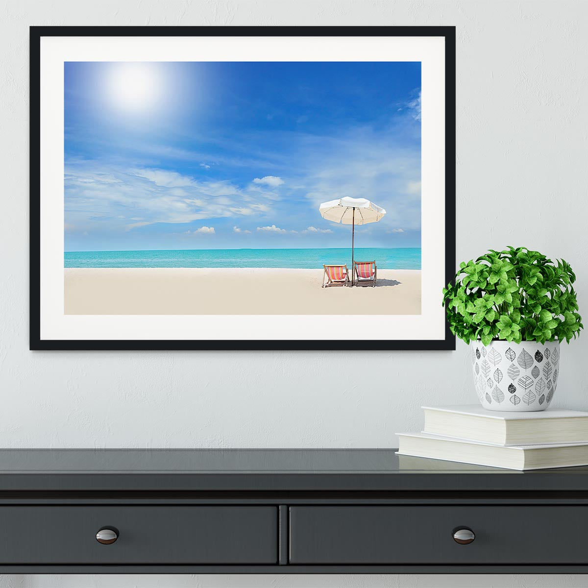 beach with cloudy blue sky Framed Print - Canvas Art Rocks - 1