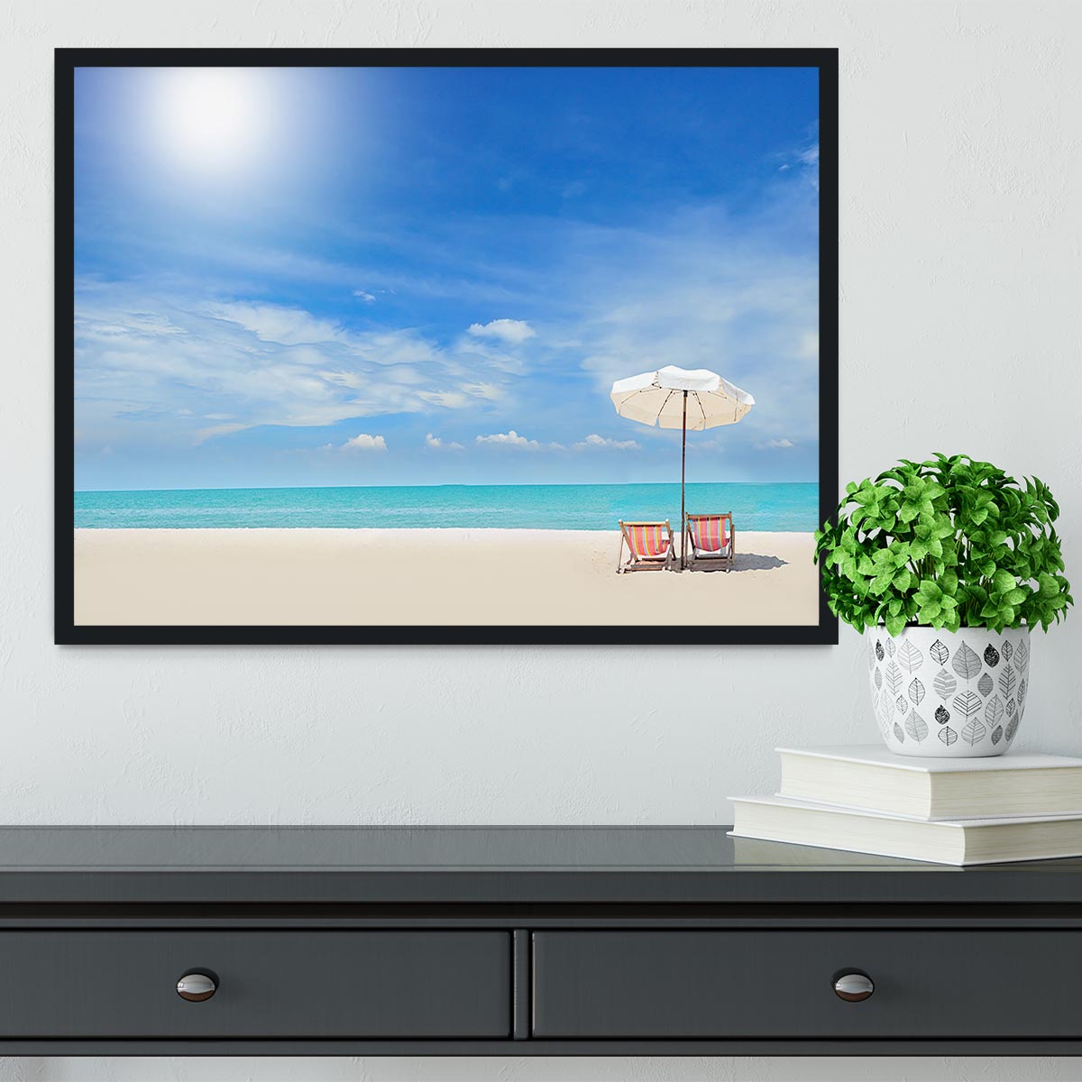 beach with cloudy blue sky Framed Print - Canvas Art Rocks - 2