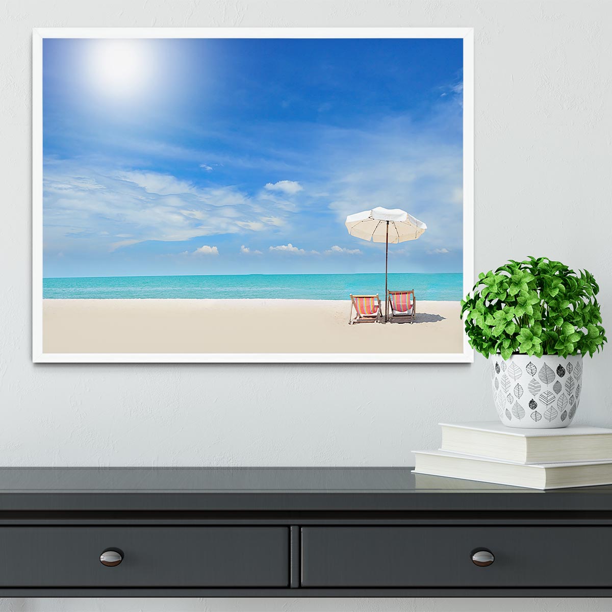 beach with cloudy blue sky Framed Print - Canvas Art Rocks -6
