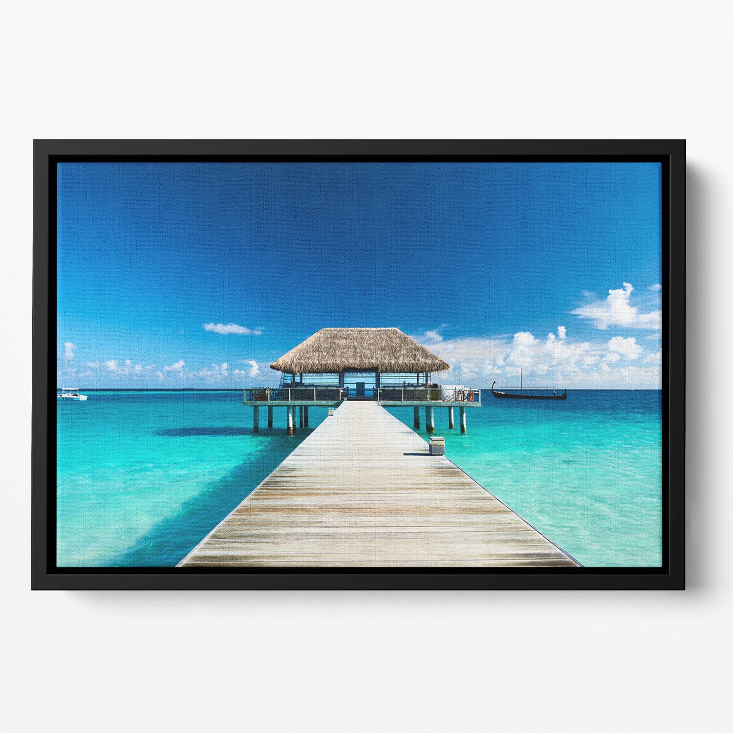 beach with jetty at Maldives Floating Framed Canvas