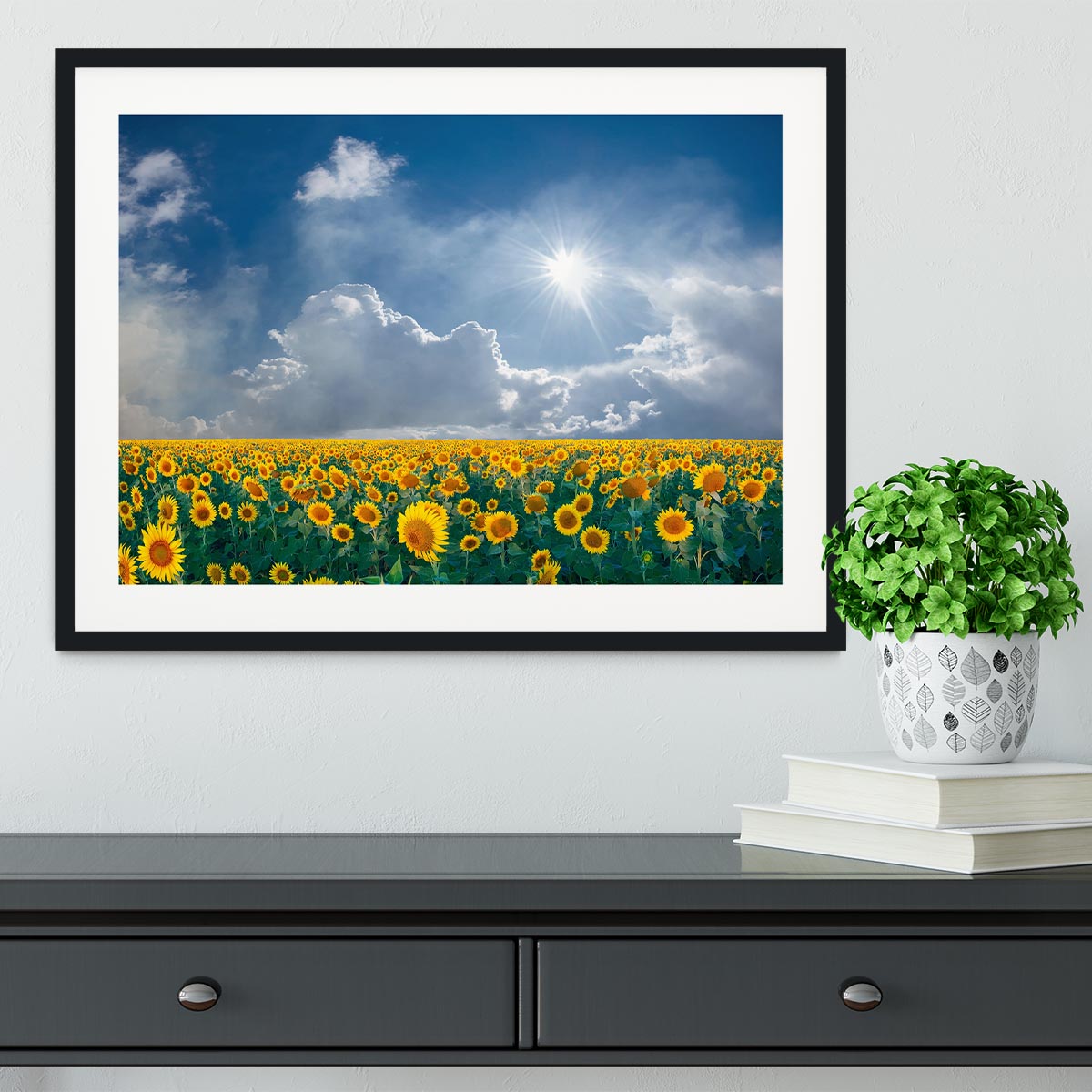 big sunflowers field and blue sky Framed Print - Canvas Art Rocks - 1