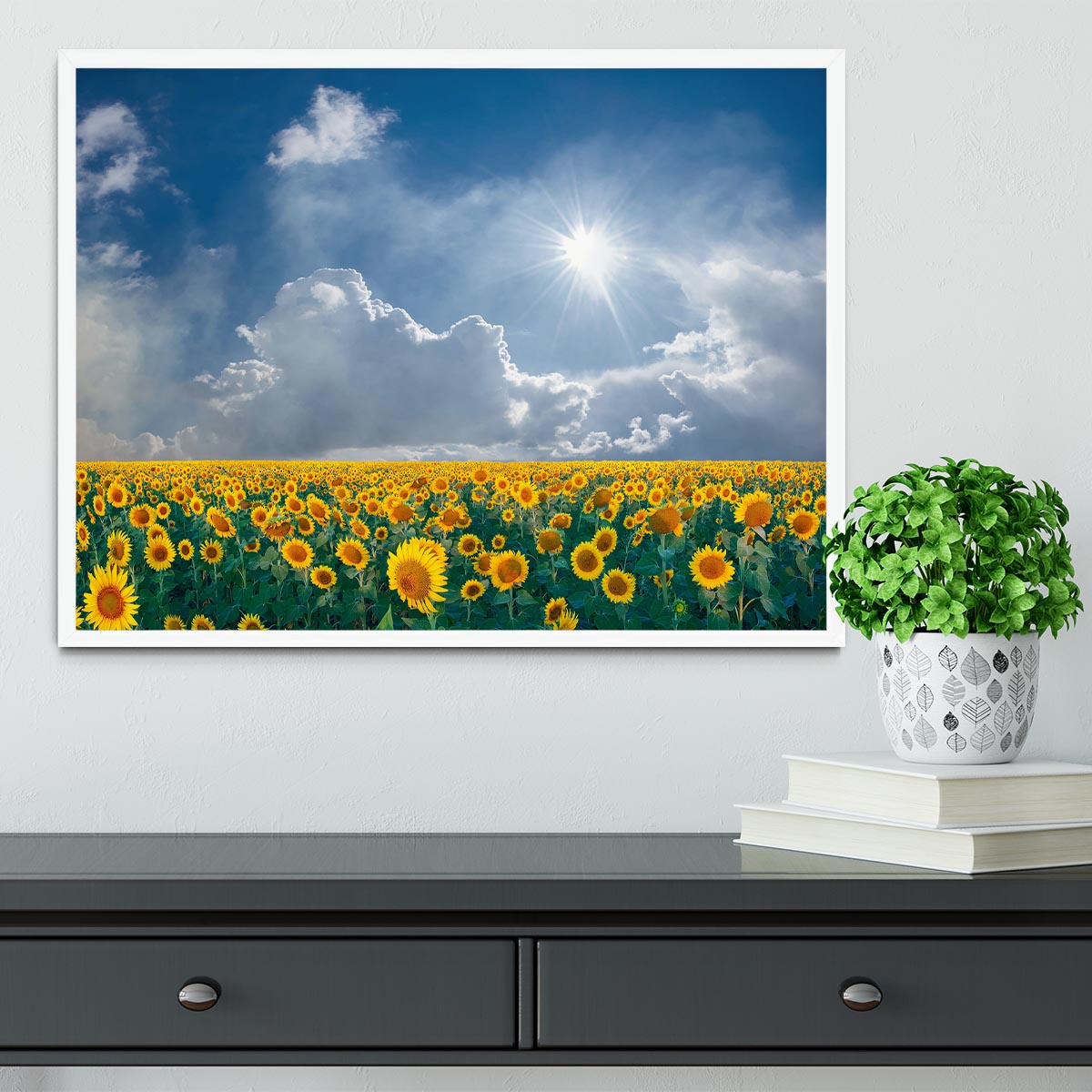 big sunflowers field and blue sky Framed Print - Canvas Art Rocks -6