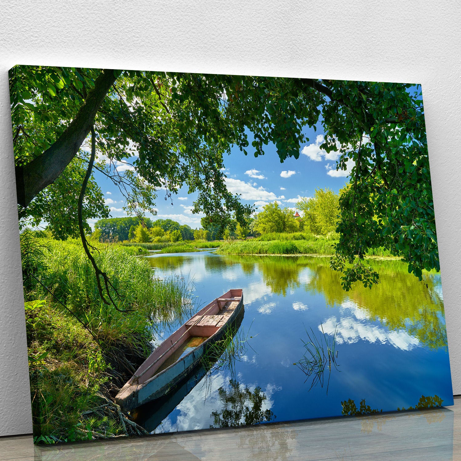 blue sky clouds Narew river boat Canvas Print or Poster - Canvas Art Rocks - 1