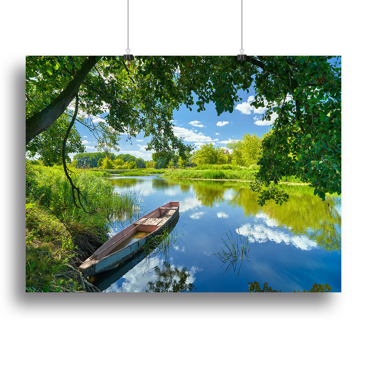 blue sky clouds Narew river boat Canvas Print or Poster - Canvas Art Rocks - 2