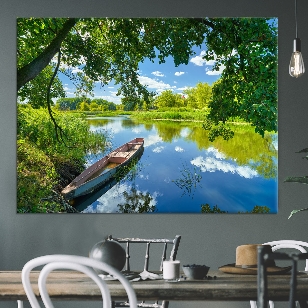 blue sky clouds Narew river boat Canvas Print or Poster - Canvas Art Rocks - 3