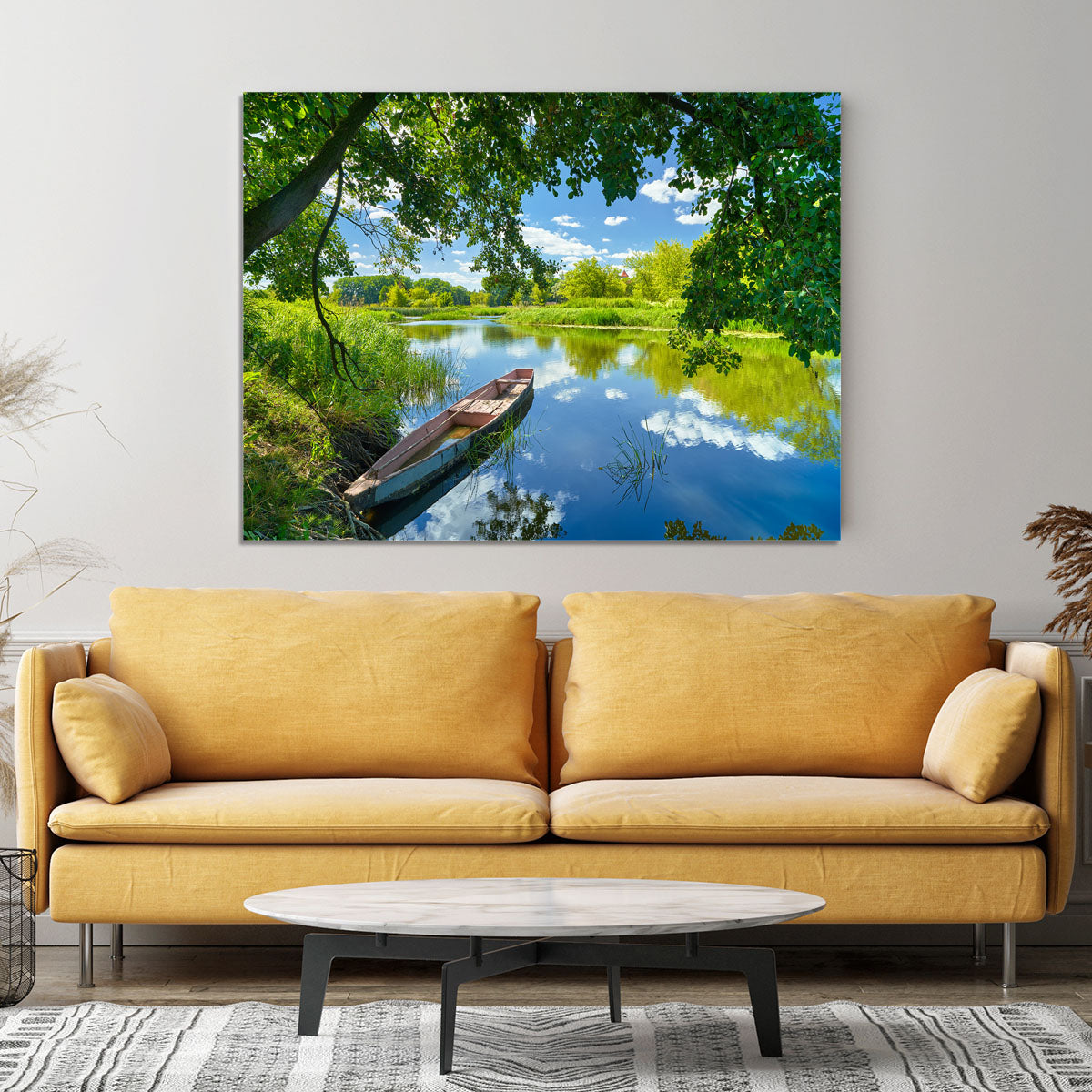 blue sky clouds Narew river boat Canvas Print or Poster - Canvas Art Rocks - 4