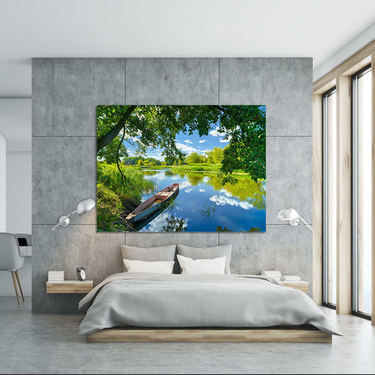 blue sky clouds Narew river boat Canvas Print or Poster - Canvas Art Rocks - 5