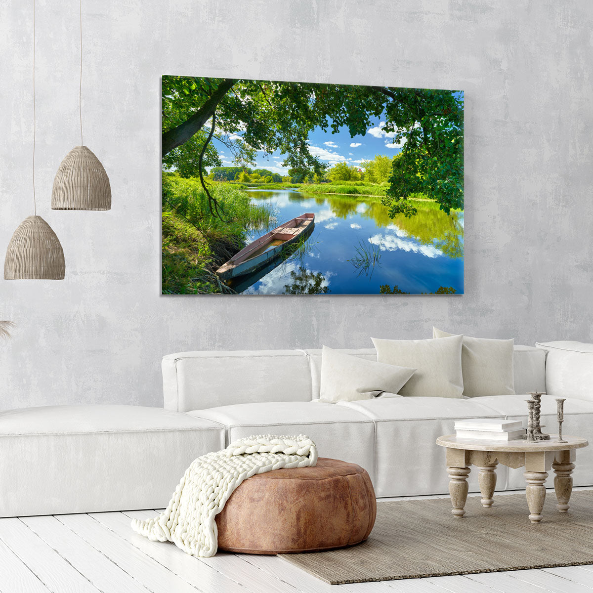 blue sky clouds Narew river boat Canvas Print or Poster - Canvas Art Rocks - 6