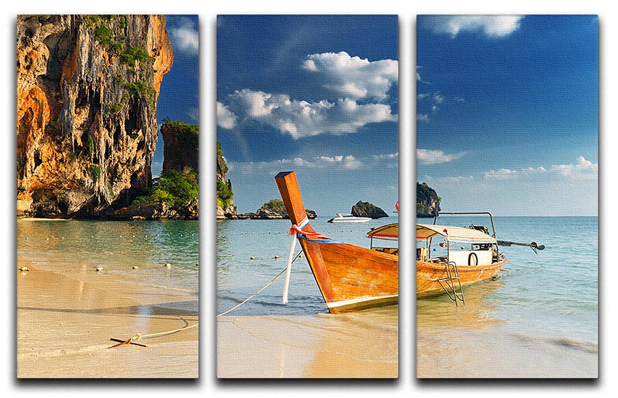 boats on Railay Beach Krabi 3 Split Panel Canvas Print - Canvas Art Rocks - 1