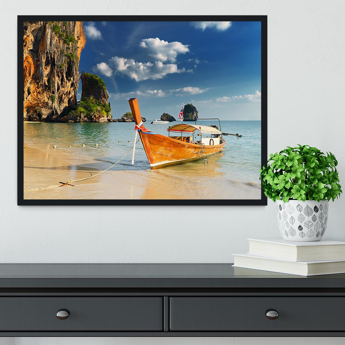 boats on Railay Beach Krabi Framed Print - Canvas Art Rocks - 2