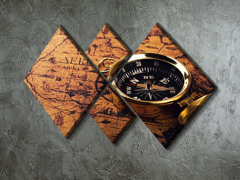 compass on vintage world map 4 Square Multi Panel Canvas  - Canvas Art Rocks - 2