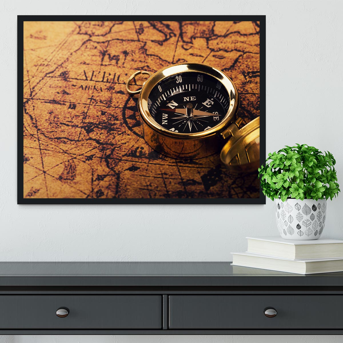 compass on vintage world map Framed Print - Canvas Art Rocks - 2
