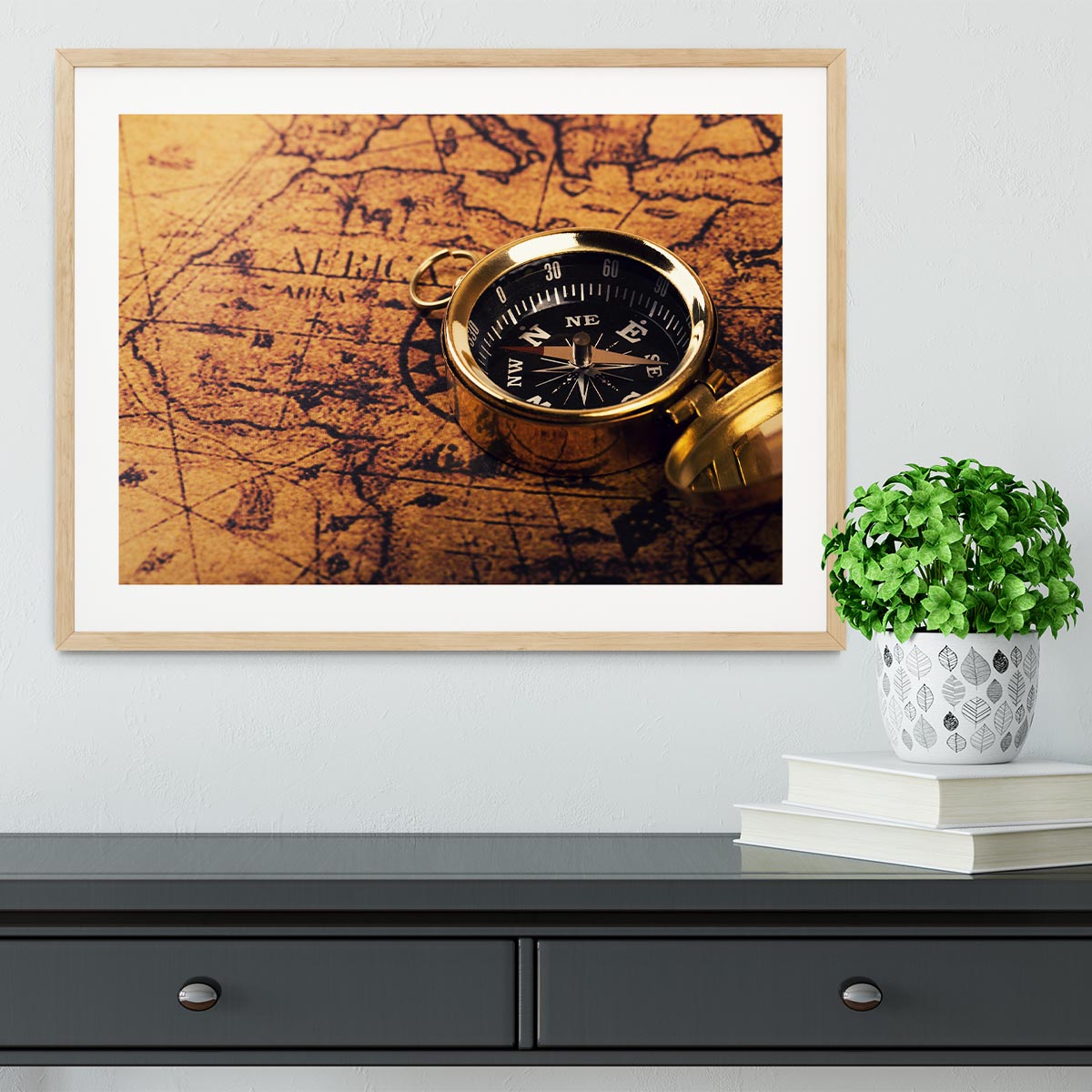 compass on vintage world map Framed Print - Canvas Art Rocks - 3