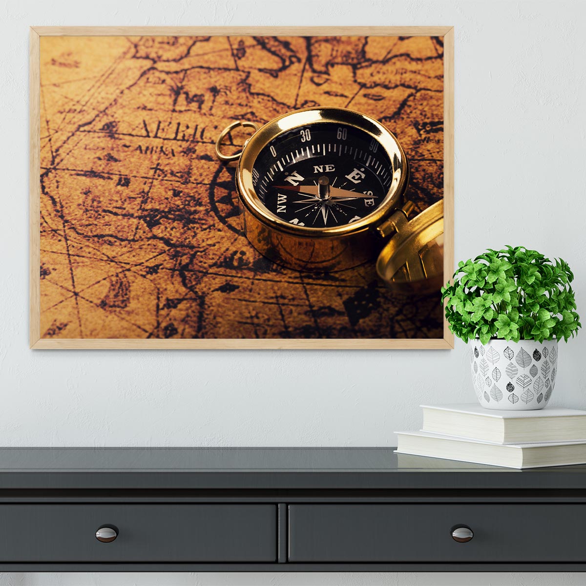compass on vintage world map Framed Print - Canvas Art Rocks - 4