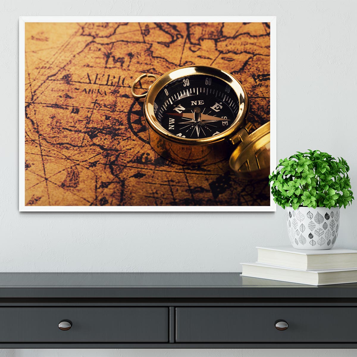 compass on vintage world map Framed Print - Canvas Art Rocks -6