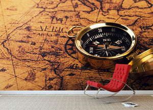 compass on vintage world map Wall Mural Wallpaper - Canvas Art Rocks - 2