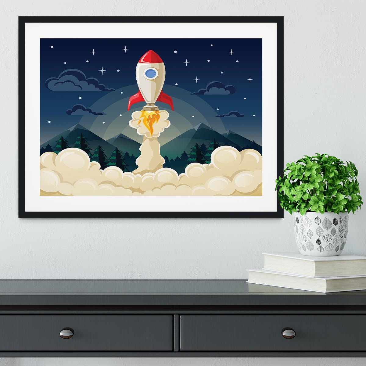 concept of space rocket ship startup on dark Framed Print - Canvas Art Rocks - 1