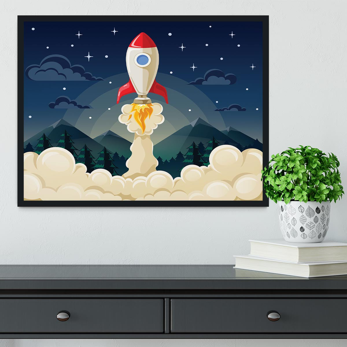 concept of space rocket ship startup on dark Framed Print - Canvas Art Rocks - 2