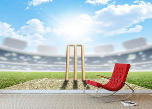 cricket pitch and set up wickets in the daytime Wall Mural Wallpaper - Canvas Art Rocks - 2