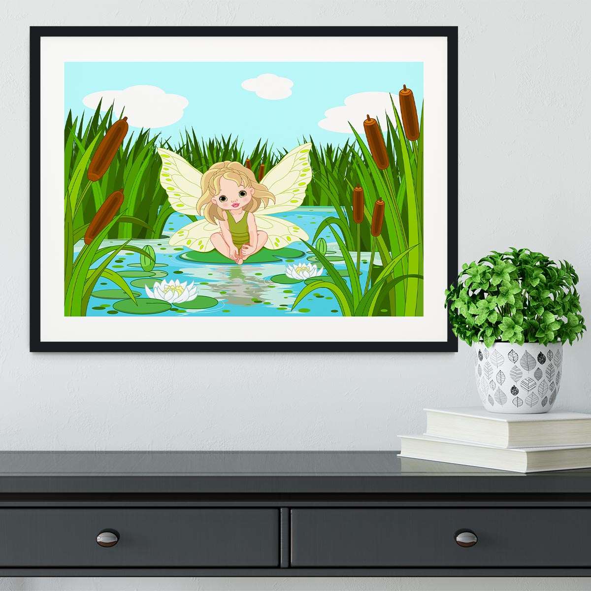 cute fairy sitting in leaf of lily Framed Print - Canvas Art Rocks - 1