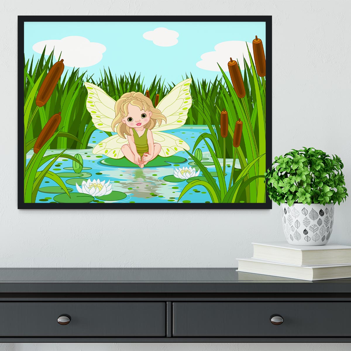 cute fairy sitting in leaf of lily Framed Print - Canvas Art Rocks - 2