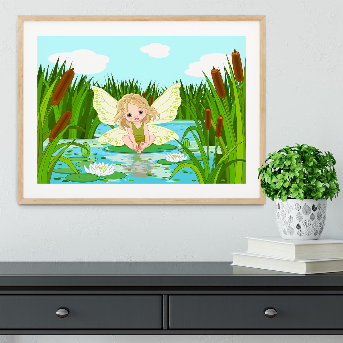 cute fairy sitting in leaf of lily Framed Print - Canvas Art Rocks - 3