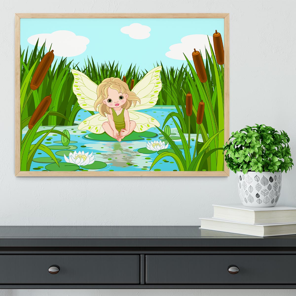 cute fairy sitting in leaf of lily Framed Print - Canvas Art Rocks - 4