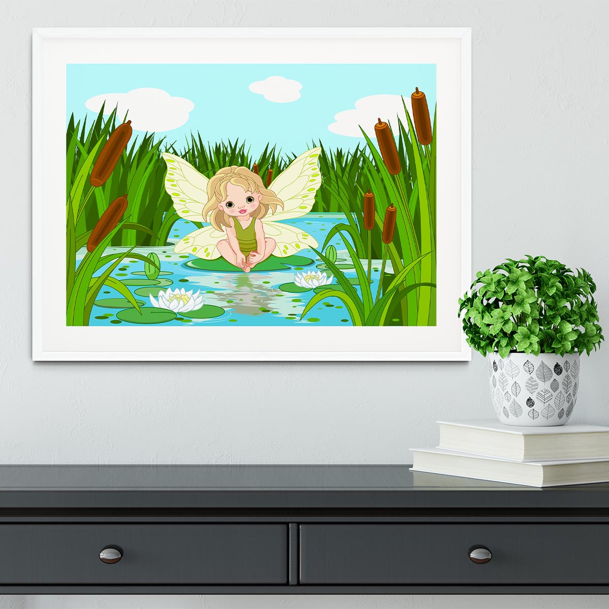 cute fairy sitting in leaf of lily Framed Print - Canvas Art Rocks - 5