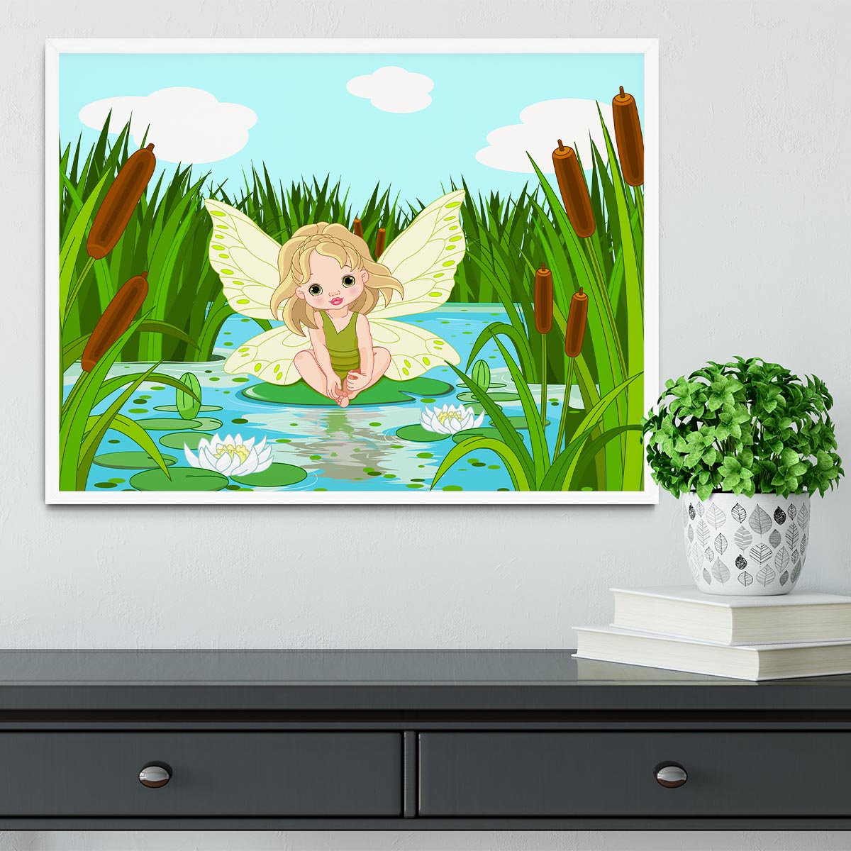 cute fairy sitting in leaf of lily Framed Print - Canvas Art Rocks -6