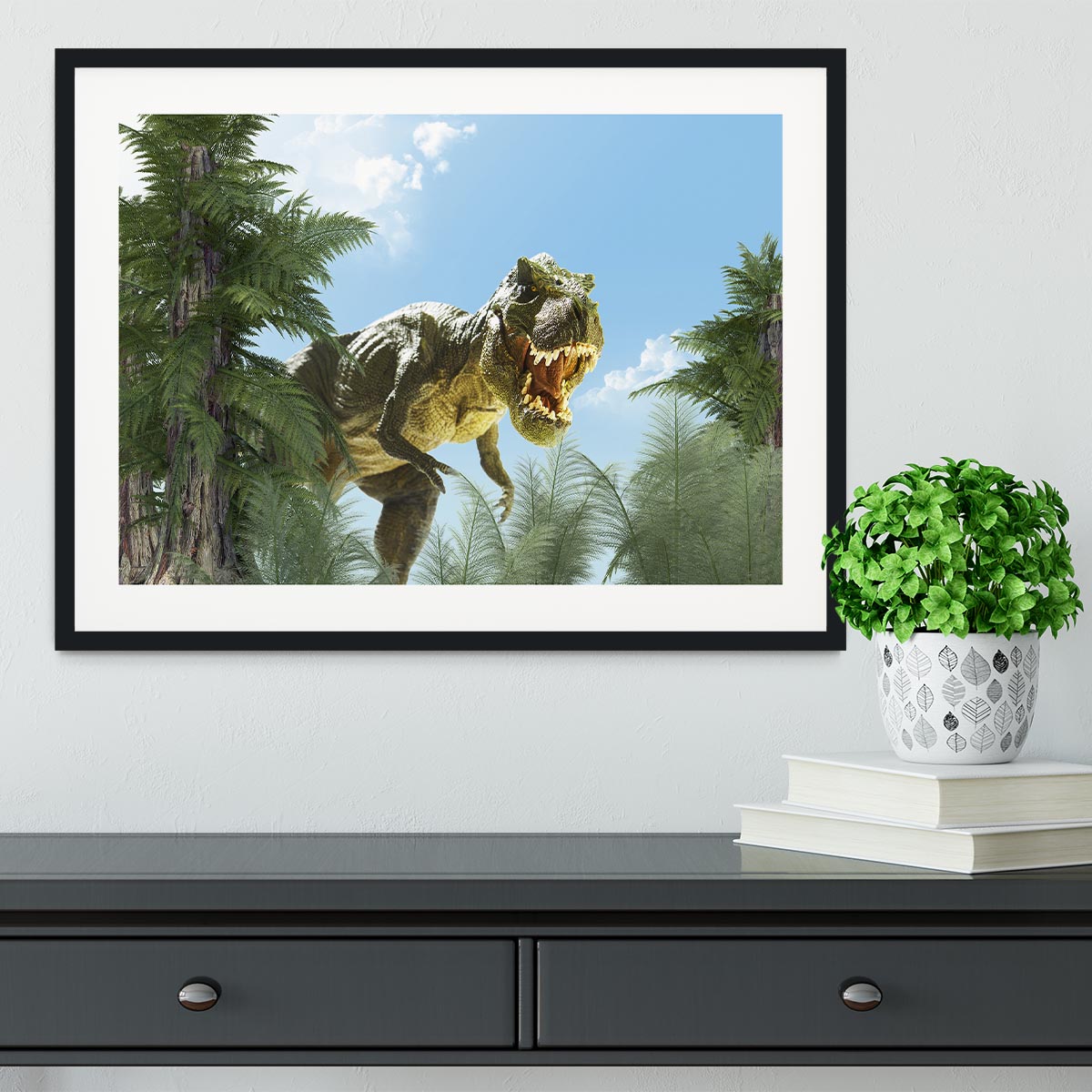 dinosaur in the jungle background Framed Print - Canvas Art Rocks - 1