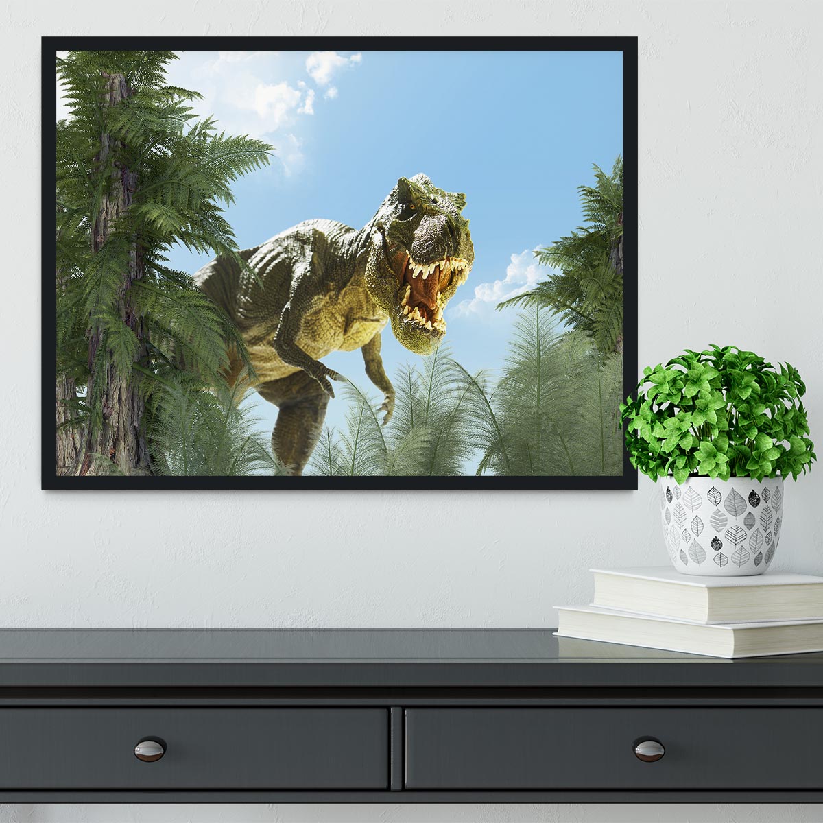 dinosaur in the jungle background Framed Print - Canvas Art Rocks - 2