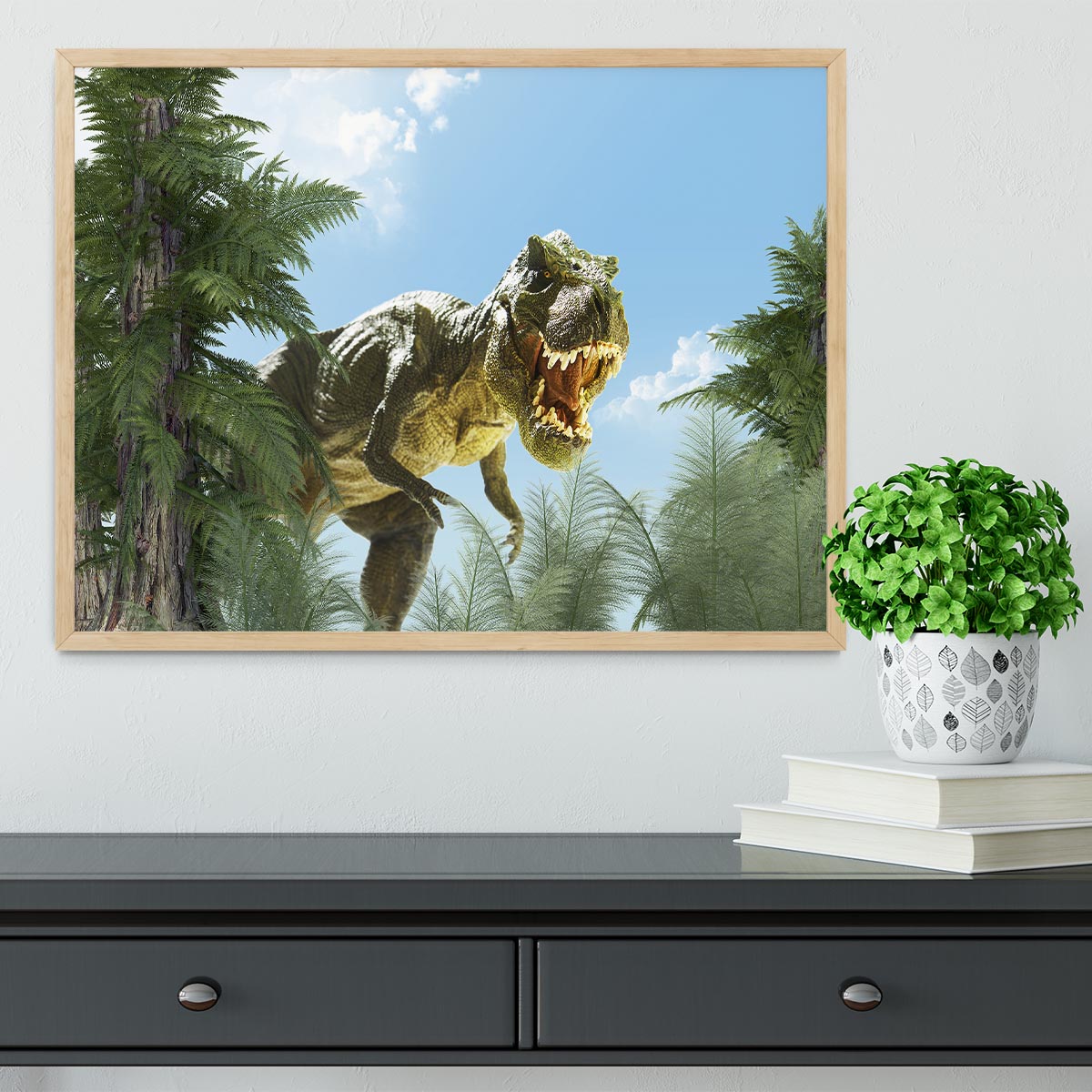 dinosaur in the jungle background Framed Print - Canvas Art Rocks - 4