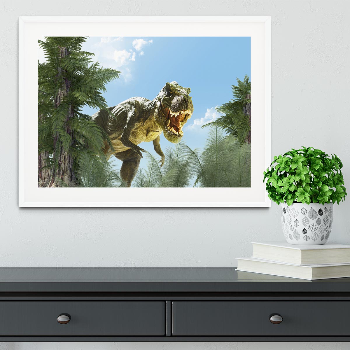 dinosaur in the jungle background Framed Print - Canvas Art Rocks - 5