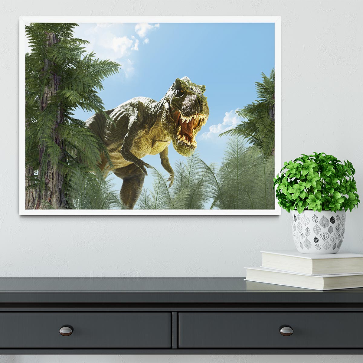 dinosaur in the jungle background Framed Print - Canvas Art Rocks -6