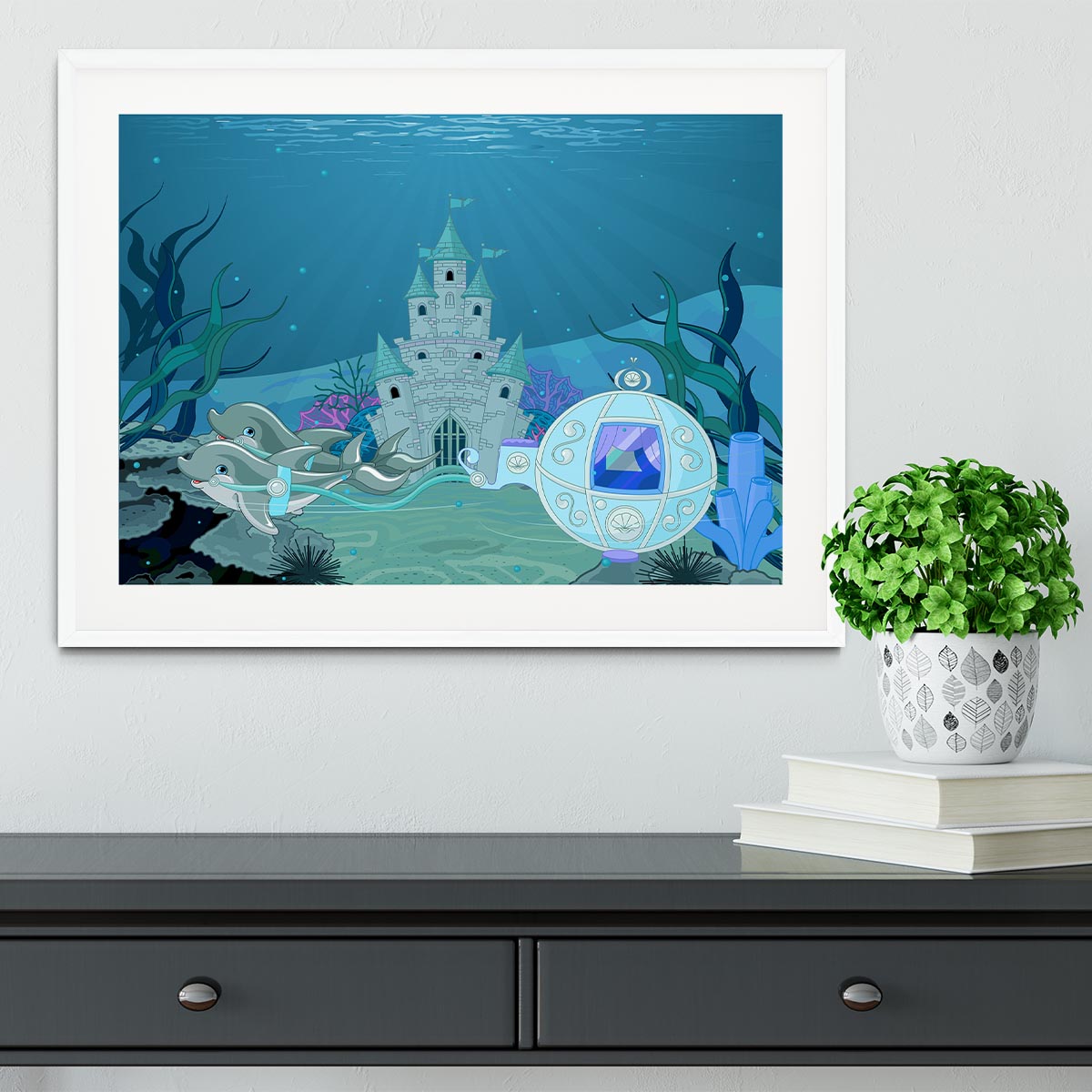 fairytale dolphin carriage on ocean Framed Print - Canvas Art Rocks - 5