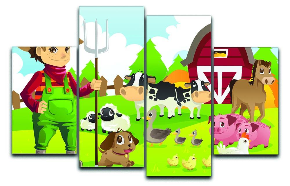 farmer at his farm with a bunch of farm animals 4 Split Panel Canvas - Canvas Art Rocks - 1