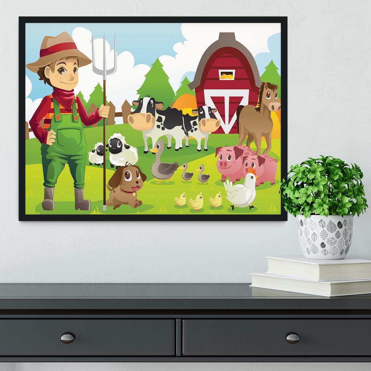 farmer at his farm with a bunch of farm animals Framed Print - Canvas Art Rocks - 2