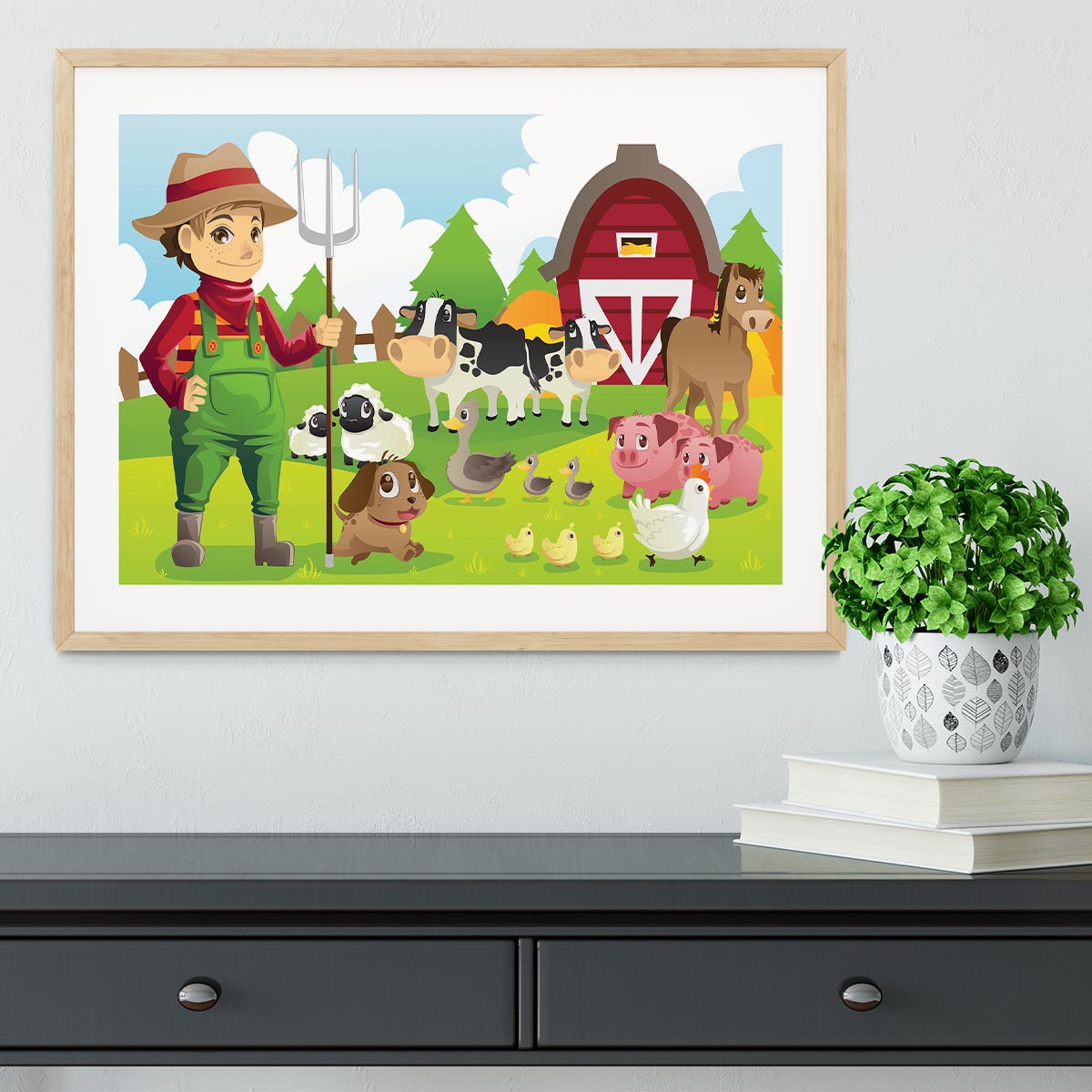 farmer at his farm with a bunch of farm animals Framed Print - Canvas Art Rocks - 3
