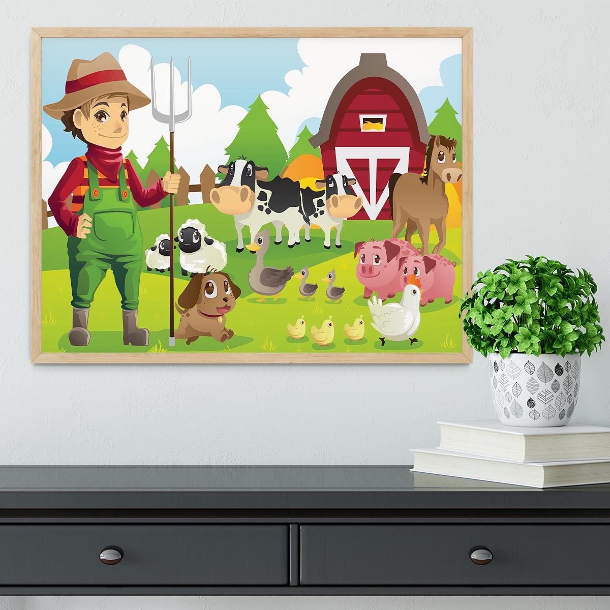 farmer at his farm with a bunch of farm animals Framed Print - Canvas Art Rocks - 4
