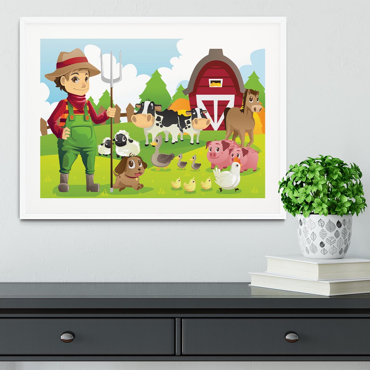 farmer at his farm with a bunch of farm animals Framed Print - Canvas Art Rocks - 5