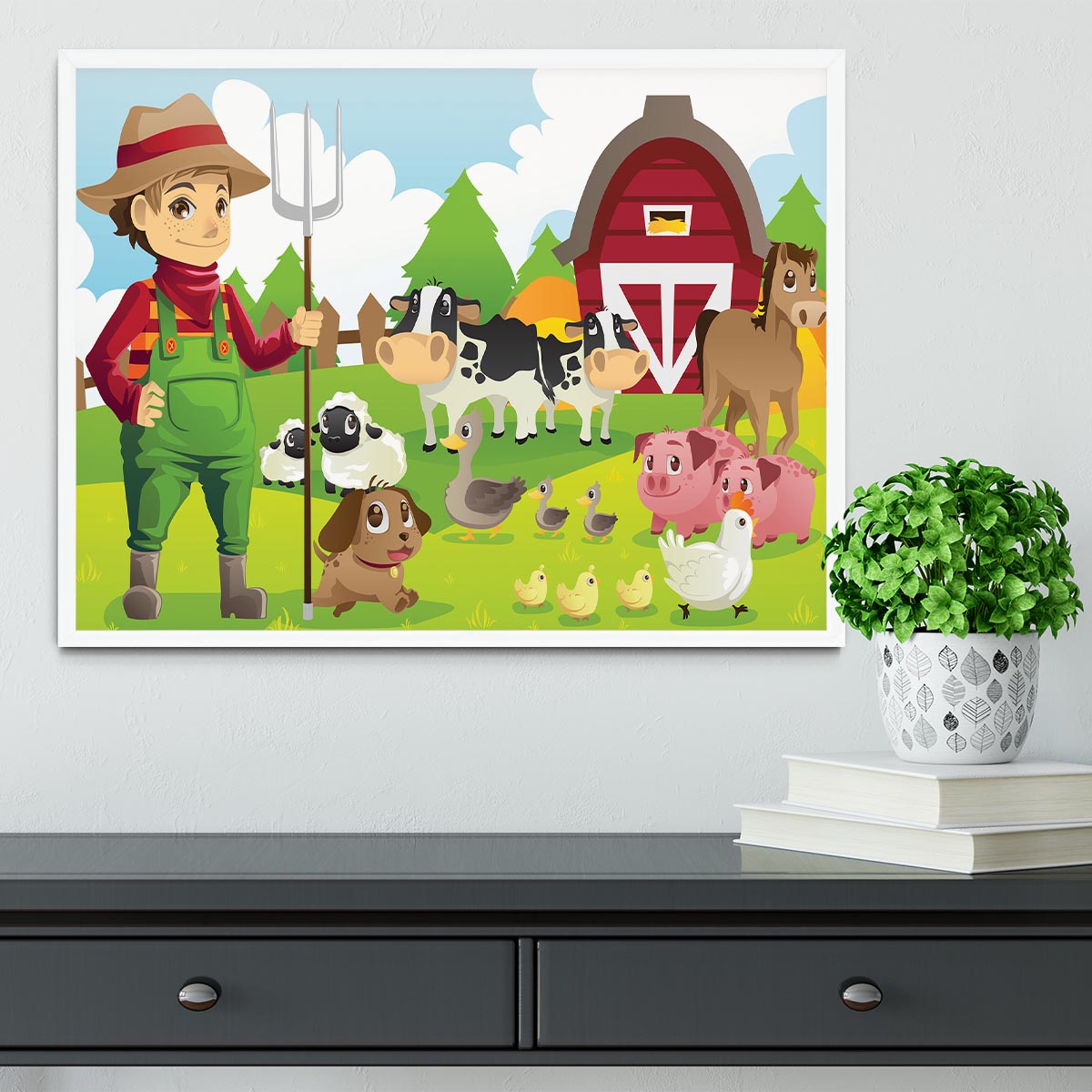 farmer at his farm with a bunch of farm animals Framed Print - Canvas Art Rocks -6