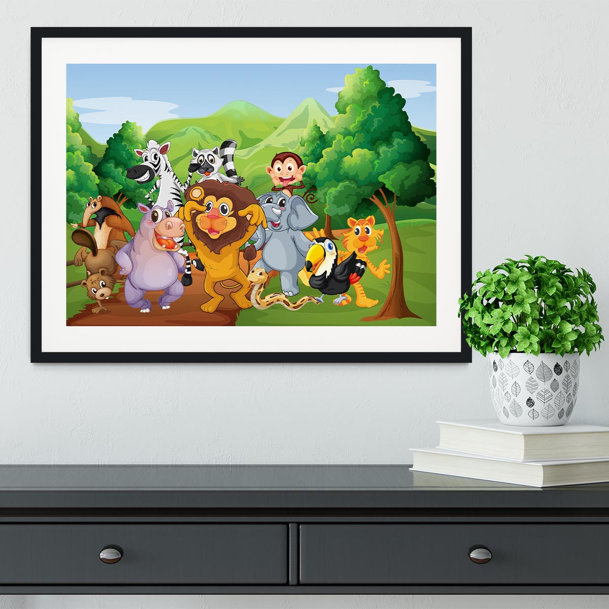 group of animals at the jungle Framed Print - Canvas Art Rocks - 1