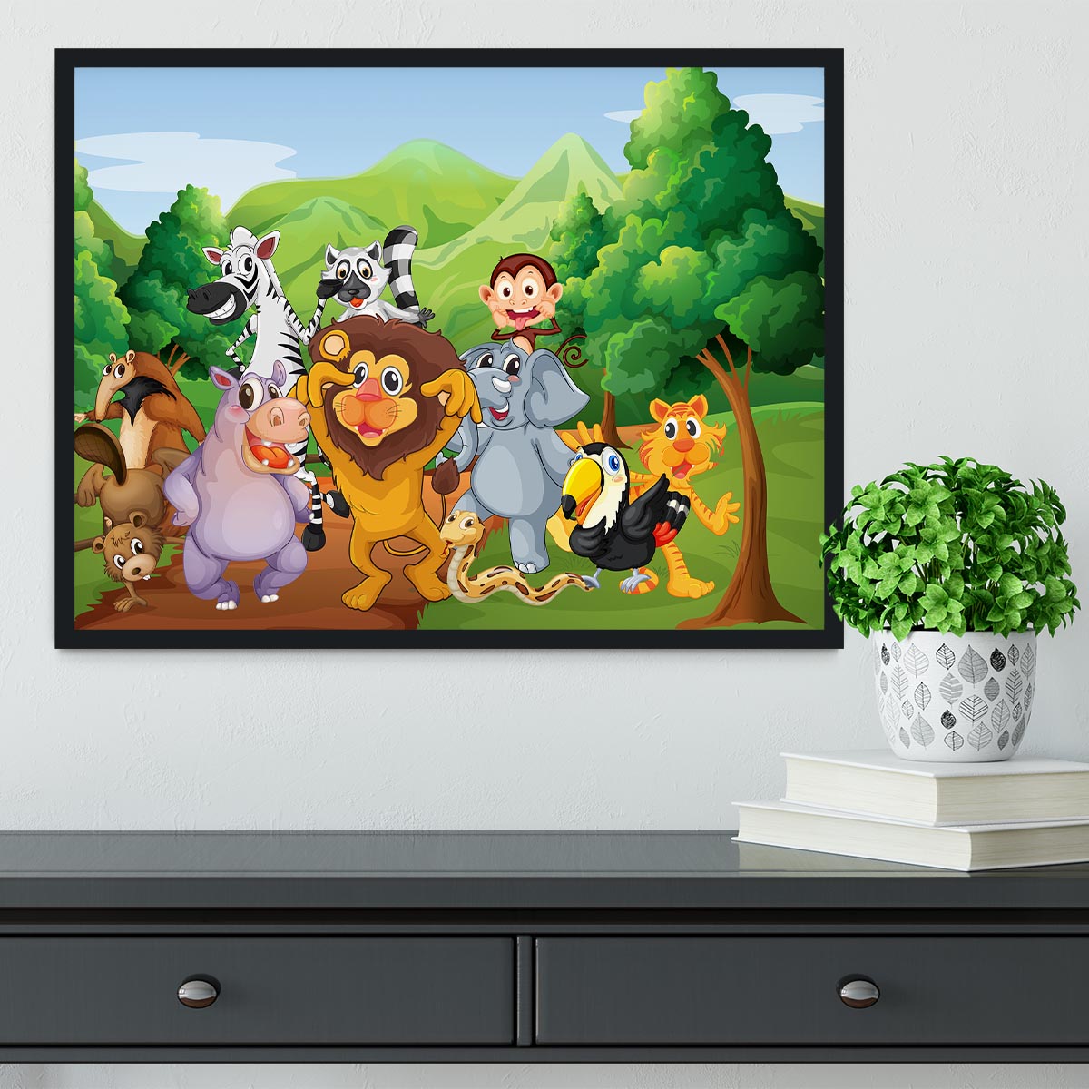 group of animals at the jungle Framed Print - Canvas Art Rocks - 2