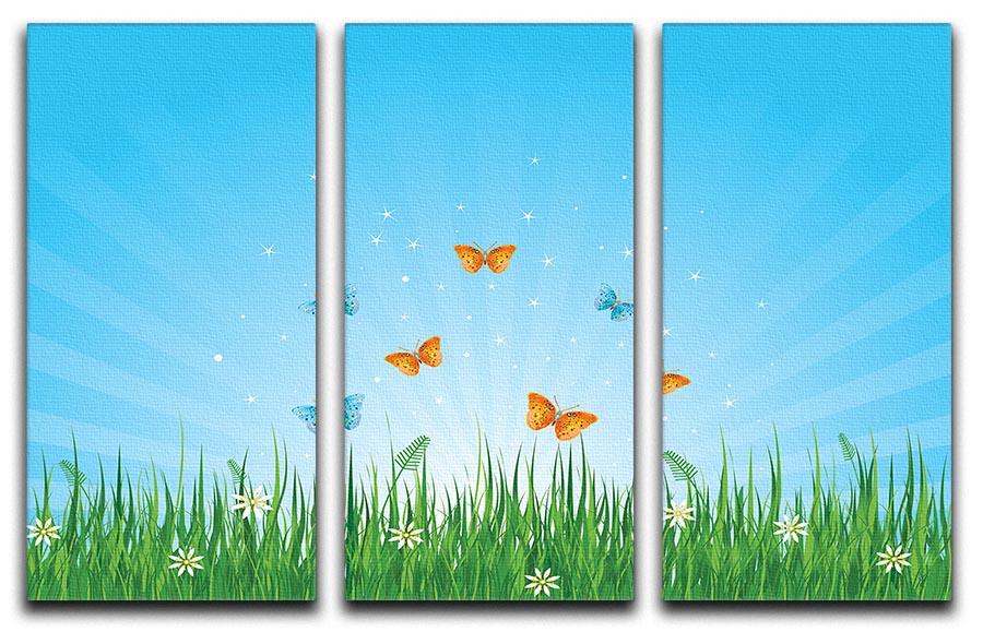 illustration of grassy field and butterflies 3 Split Panel Canvas Print - Canvas Art Rocks - 1