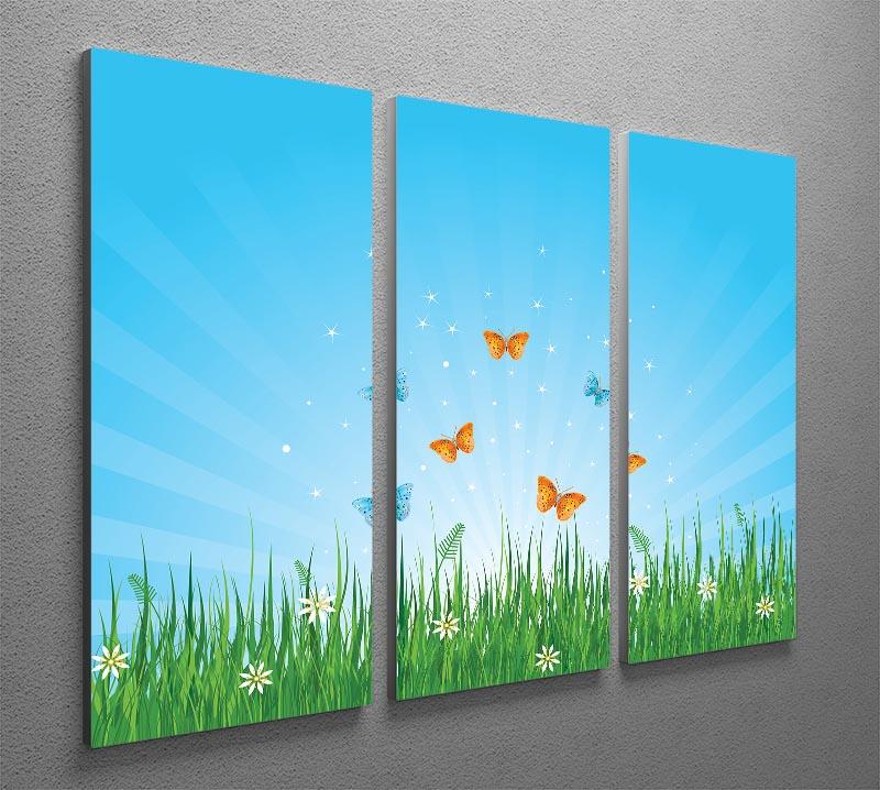 illustration of grassy field and butterflies 3 Split Panel Canvas Print - Canvas Art Rocks - 2