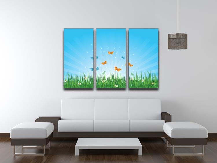 illustration of grassy field and butterflies 3 Split Panel Canvas Print - Canvas Art Rocks - 3
