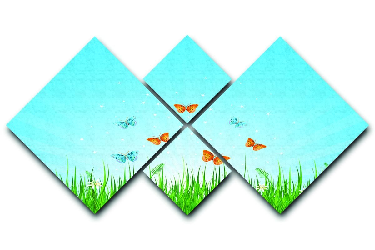 illustration of grassy field and butterflies 4 Square Multi Panel Canvas  - Canvas Art Rocks - 1