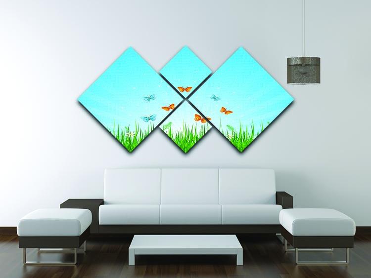 illustration of grassy field and butterflies 4 Square Multi Panel Canvas - Canvas Art Rocks - 3