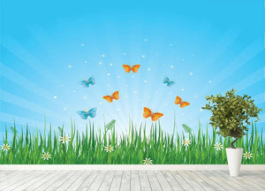 illustration of grassy field and butterflies Wall Mural Wallpaper - Canvas Art Rocks - 4