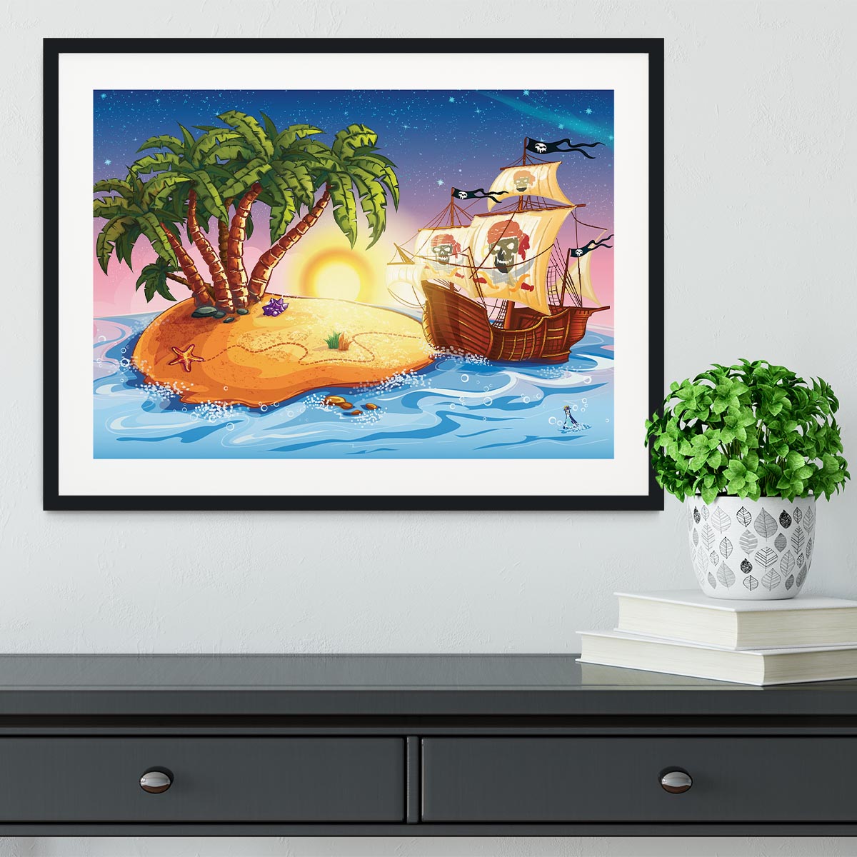 island with a pirate ship Framed Print - Canvas Art Rocks - 1
